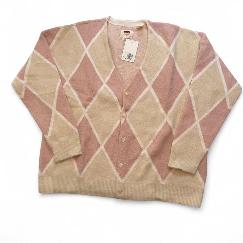 Levi's pink and beige argyle cardigan size XL dimensions in pictures brand new w